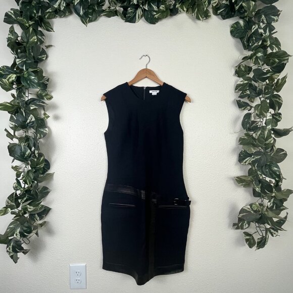 Helmut Lang Expo Sleeveless Wool Midi Dress Lamb Leather Trim Black Size 2 - Picture 1 of 9